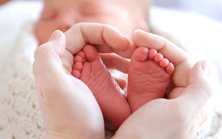 Baby Feet In Mother Hands. Tiny Newborn Baby's Feet On Female Heart Shaped Hands Closeup.