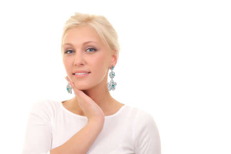 Portrait of beautiful young woman on a white backgroundの写真素材