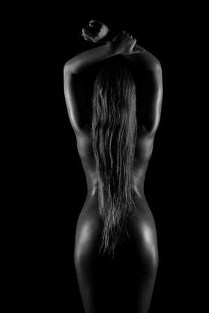silhouette of a naked female back and buttocksの写真素材