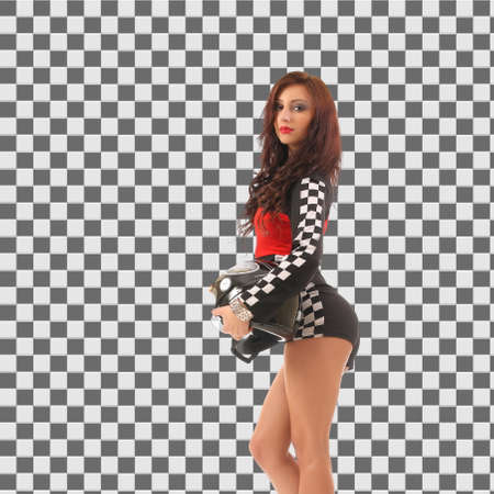 girl with a motorcycle helmet and racing suitの写真素材