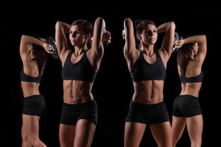 young strong girl training with dumbbells in the gym