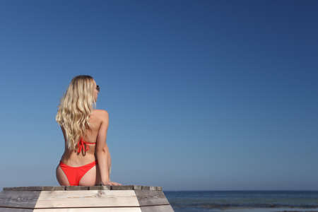 beauty woman in red swimsuit on the beachの写真素材