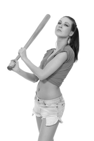 young woman with baseball bat on white backgroundの写真素材