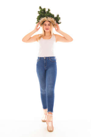Christmas tree hat, beautiful girl, isolatedの写真素材