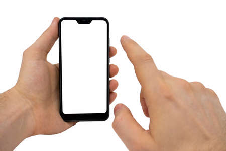 Male hands holding a black blank smartphone screen with a modern frameless design-isolated on a...