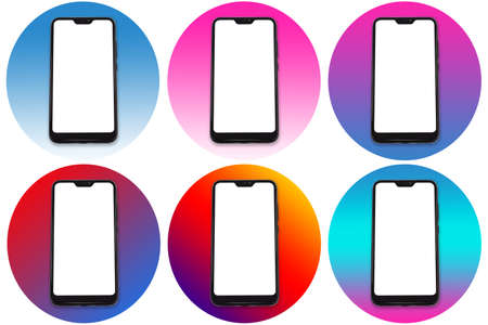 A black smartphone with a white screen in colorful circles.の写真素材