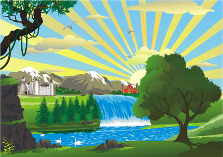 landscape - the castle and the Palace above the waterfallのイラスト素材