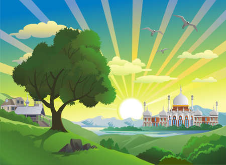 Landscape - Arab Palace over the lake.Vector illustrationのイラスト素材