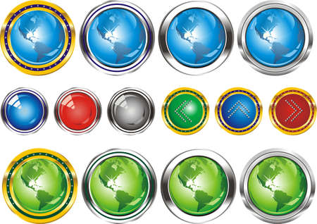 Earth.Buttons in the form of the planet. Set of web buttons with arrows pointing in silver and gold edging. Buttons formのイラスト素材