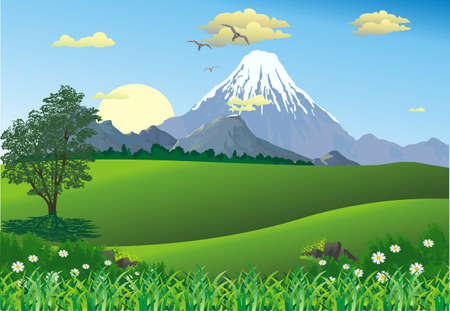 Landscape - Mountain range on the horizon. Tree in the meadow. Sunrise. Morning in the desert. Vector illustrationのイラスト素材