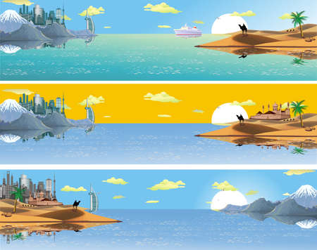 A set of panoramic landscapes of Asia. Panorama of nature. The ocean. The metropolis on the shore. The sandy desert. Mountains, sea, trees and hills. Vector illustrationのイラスト素材