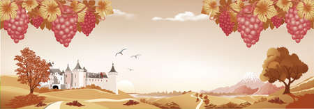 Realistic landscape with bunches of grapes in red.のイラスト素材