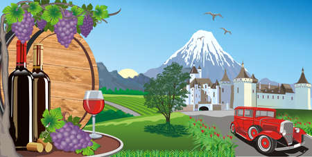 Landscape-wine, grapes and a wooden barrel for wine.のイラスト素材