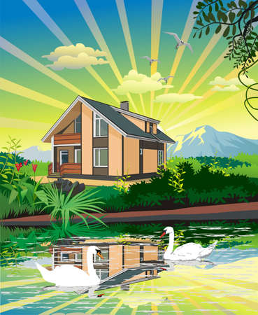 Summer country landscape. House by the river. Swans on the river. Vector illustrationのイラスト素材