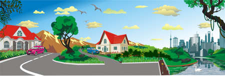 Landscape - rural village at the pond, panorama vectorのイラスト素材
