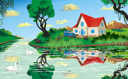 Summer country landscape. House by the river. Swans on the river. Vector illustrationのイラスト素材