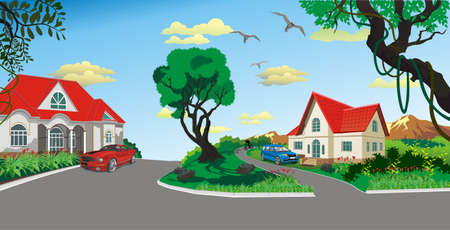 Landscape - rural village at the pond, panorama vectorのイラスト素材
