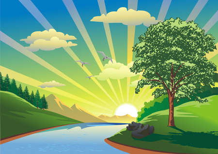 Landscape - morning over the river in the vectorのイラスト素材