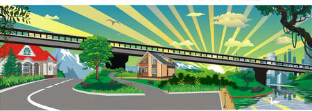 panoramic landscape - the bridge to the city in vectorのイラスト素材