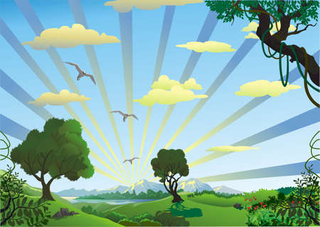 landscape - trees in the morning on the hill in the vectorのイラスト素材