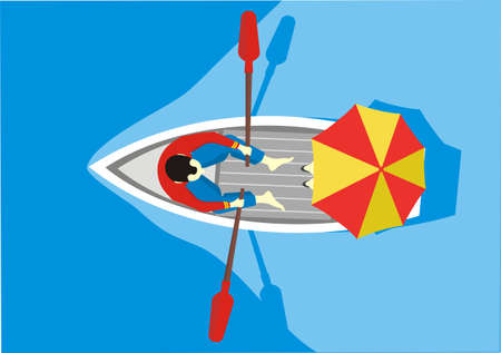 A man and a woman under an umbrella ride in a boat, top view. Couple in love riding in a boat. Vector illustrationのイラスト素材