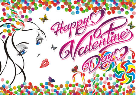 Valentine's day greeting card! Girl and beautiful inscription on a candy background. Vector illustration.のイラスト素材