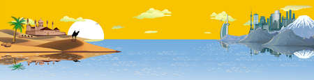Panorama - the ship from the Arab coast. Eastern landscape. Sand dunes. Camel caravan in the desert. The mountain ridge. The metropolis on the ocean. Vector illustrationのイラスト素材