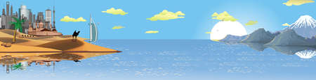 Panorama - the Arabian resort on the coast. Sand dunes. Camel caravan in the desert. The mountain ridge.のイラスト素材