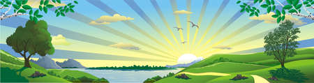 Panorama of nature - the rising of the sun on earth. Mountain, river, and hills with trees. Vector illustrationのイラスト素材
