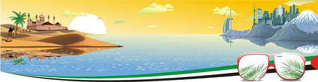 Panorama - the Arabian resort on the coast. Sand dunes. Camel caravan in the desert. The mountain ridge.のイラスト素材