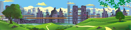 Panorama - landscape. The view from the hilltop to the metropolis of the future. Vector illustrationのイラスト素材