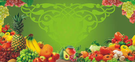 Food photos of various fruits and vegetables on a green backgroundの写真素材