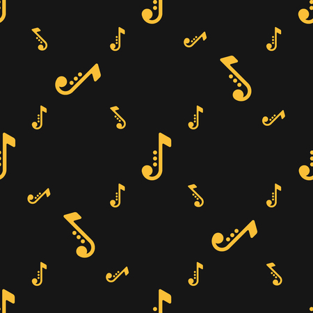 Seamless white silhouettes of musical notes pattern over black background. Saxophone symbols.のイラスト素材
