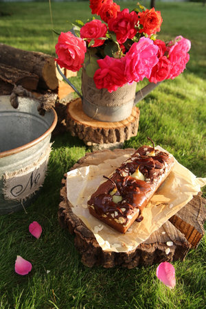 Chocolate cake with almonds and pears