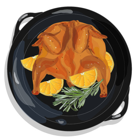 roasted chicken isolated on frying panのイラスト素材