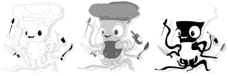 Funny cartoon octopus chef in cook hat . For seafood menu restaurantのイラスト素材