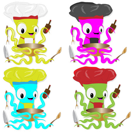 Funny cartoon octopus chef in cook hat . For seafood menu restaurantのイラスト素材