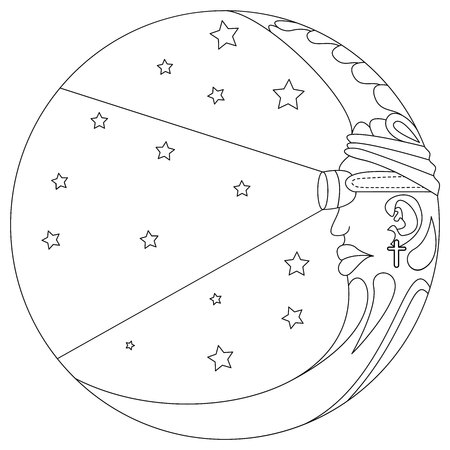 Beautiful Moon with face. Vintage hand drawn. Vector illustration for coloring book, t-shirt design, tattoo. Ethnic decor, Bohemian art.のイラスト素材