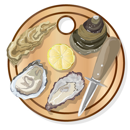 Fresh oysters, lemon and wine isolated on white backgroundのイラスト素材