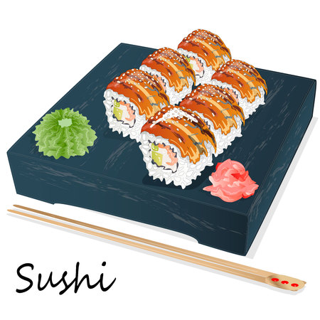 Illustration of roll sushi with salmon, prawn, avocado, cream cheese. Sushi menu. Japanese food isolated on white.のイラスト素材