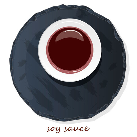 Bowl with tasty soy sauce on stone plate top view vector.のイラスト素材
