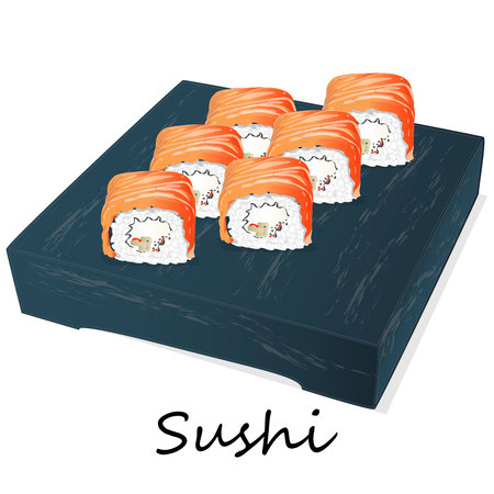 Illustration of roll sushi with salmon, prawn, avocado, cream cheese. Sushi menu, Japanese food isolated on white background.のイラスト素材