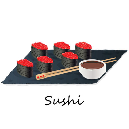 Illustration of roll sushi with salmon, prawn, avocado, cream cheese. Sushi menu, Japanese food isolated on white background.のイラスト素材