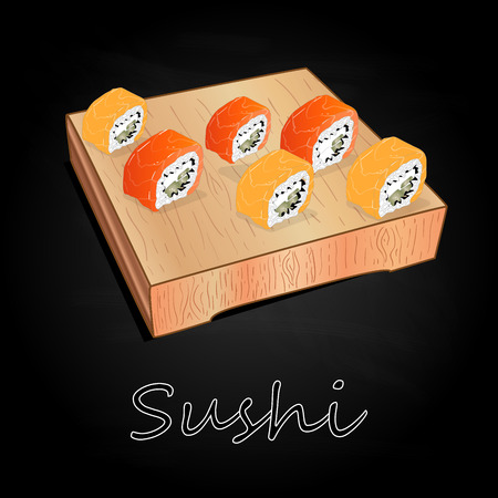 Various kinds of sushi served on wood desk black background isolated.のイラスト素材