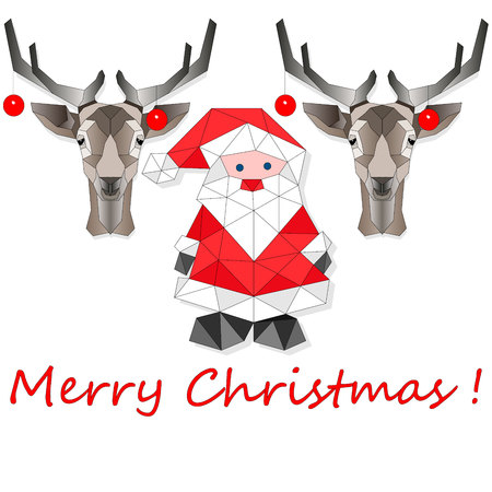 Cartoon Christmas vector illustration isolated on white. Funny happy Santa Claus and deer character. For Christmas cards, banners, tags and labels. Poligonal.のイラスト素材
