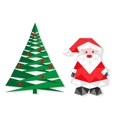 Cartoon Christmas vector illustration isolated on white. Funny happy Santa Claus character. For Christmas cards, banners, tags and labels. Poligonal. Eve tree.のイラスト素材