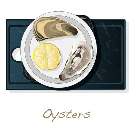 Fresh opened oyster vectorv images set on plate / dish isolated on white background.のイラスト素材
