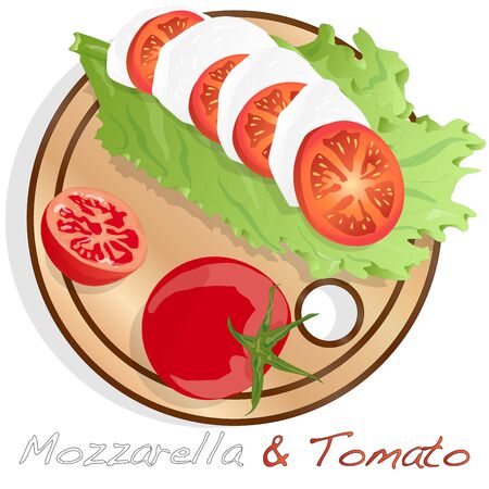 Vector illustration of mozzarella, cherry tomatoes - ingredients for caprese salad on plate. Isolated image.のイラスト素材