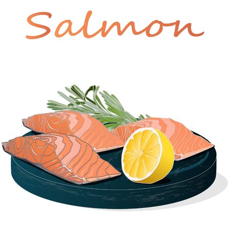 Raw salmon fillets with herbs on wooden desk. White background. Vector illustration.のイラスト素材
