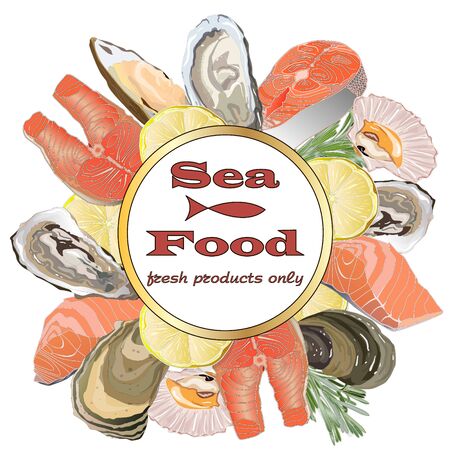 Cooked seafood on top view. Seafood vector illustration.のイラスト素材